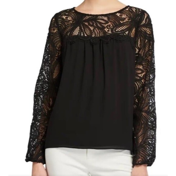 Lilly Pulitzer Keegan Blouse XL Black Onyx Lace Yoke Sleeve Top Boho Classic - Picture 1 of 10